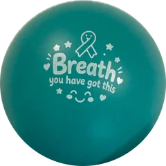 Teal stress ball printed with Breath, you have got this